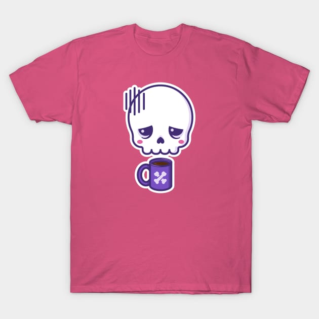 Dead inside, but caffeinated - kawaii skull with coffee cup (white outline) T-Shirt by Sugar & Bones